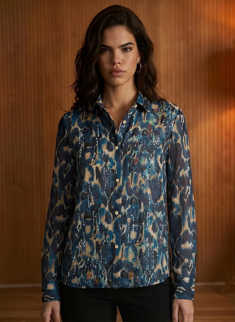 globus Globus Women Blue Spread Collar Abstract Print Sequinned Detail Cuffed Sleeves Oversized Georgette Party Shirt